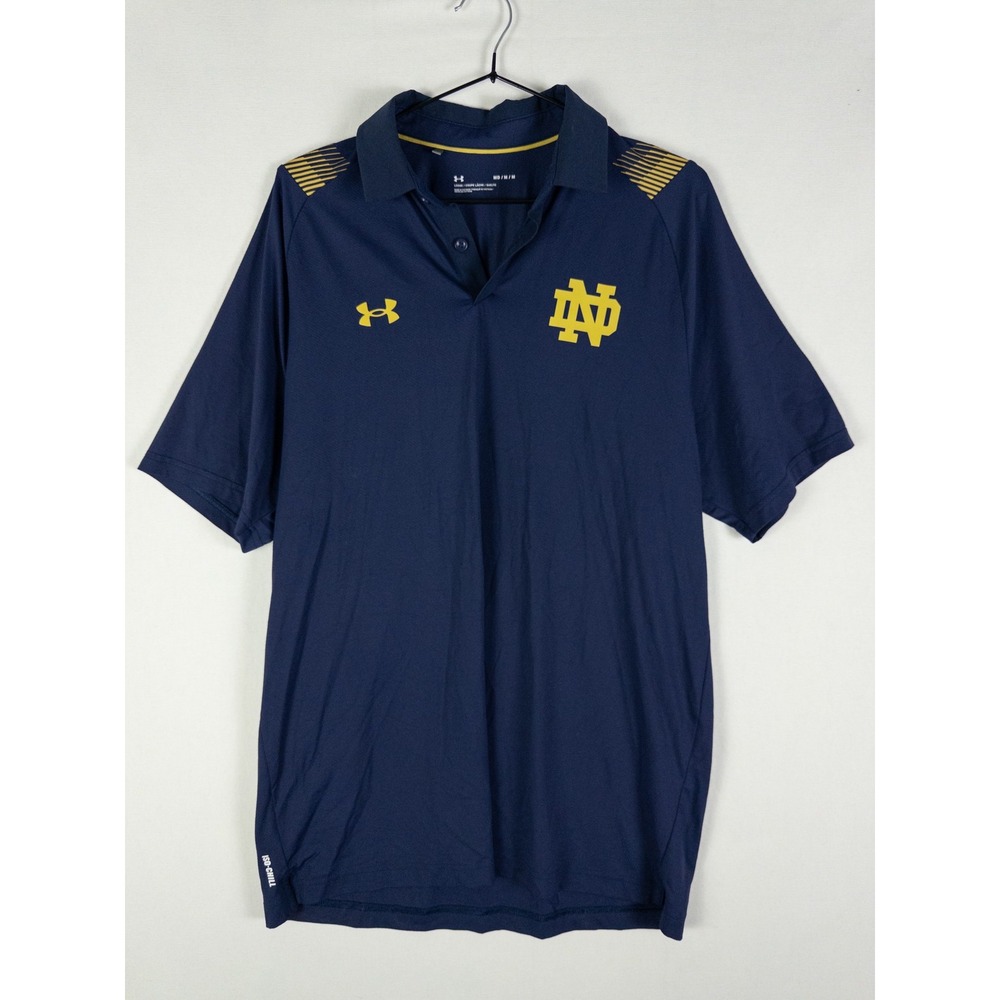 Under Armour Notre Dame Fighting Irish Polo Shirt Mens M Navy Gold Loose Fit Str